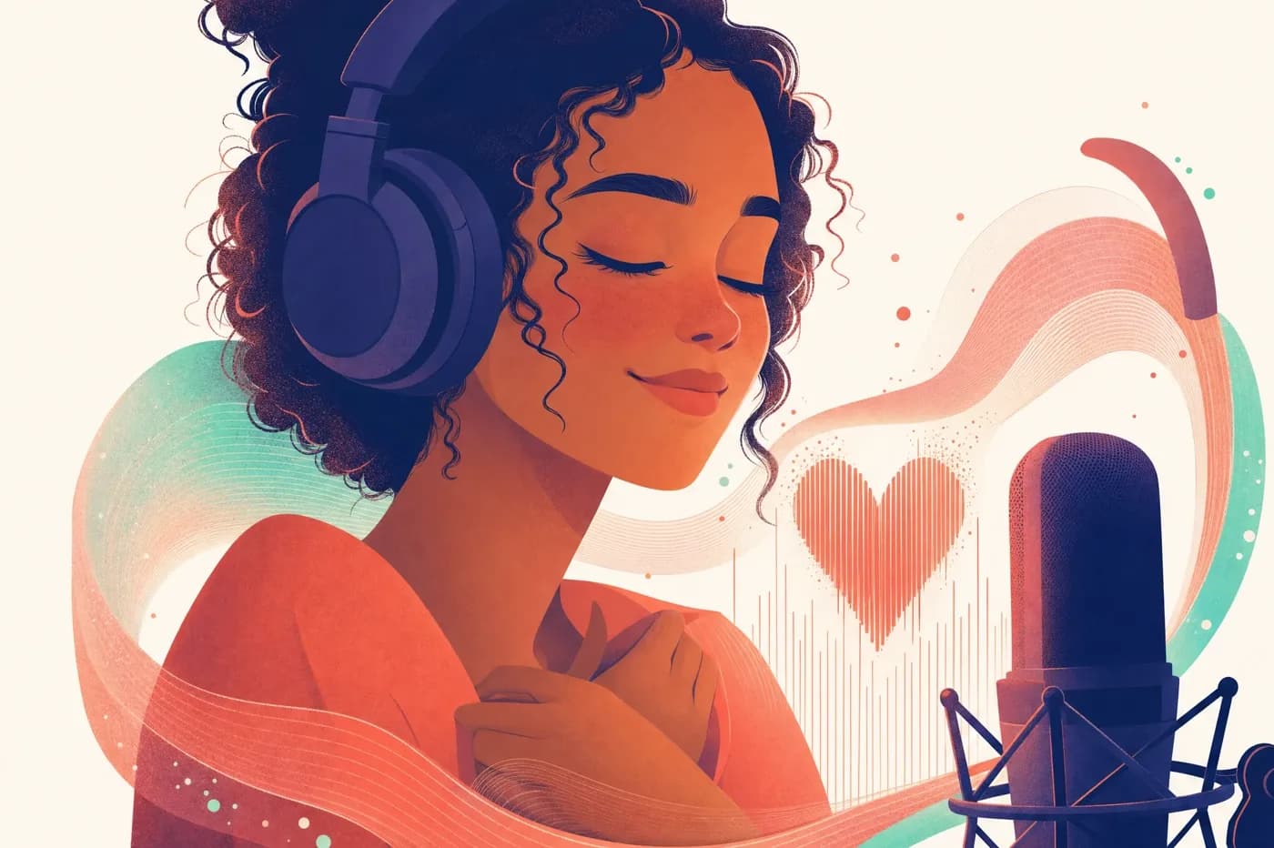 Ilustração de uma criadora de olhos fechados cantando ao microfone, com a onda da voz virando um coração