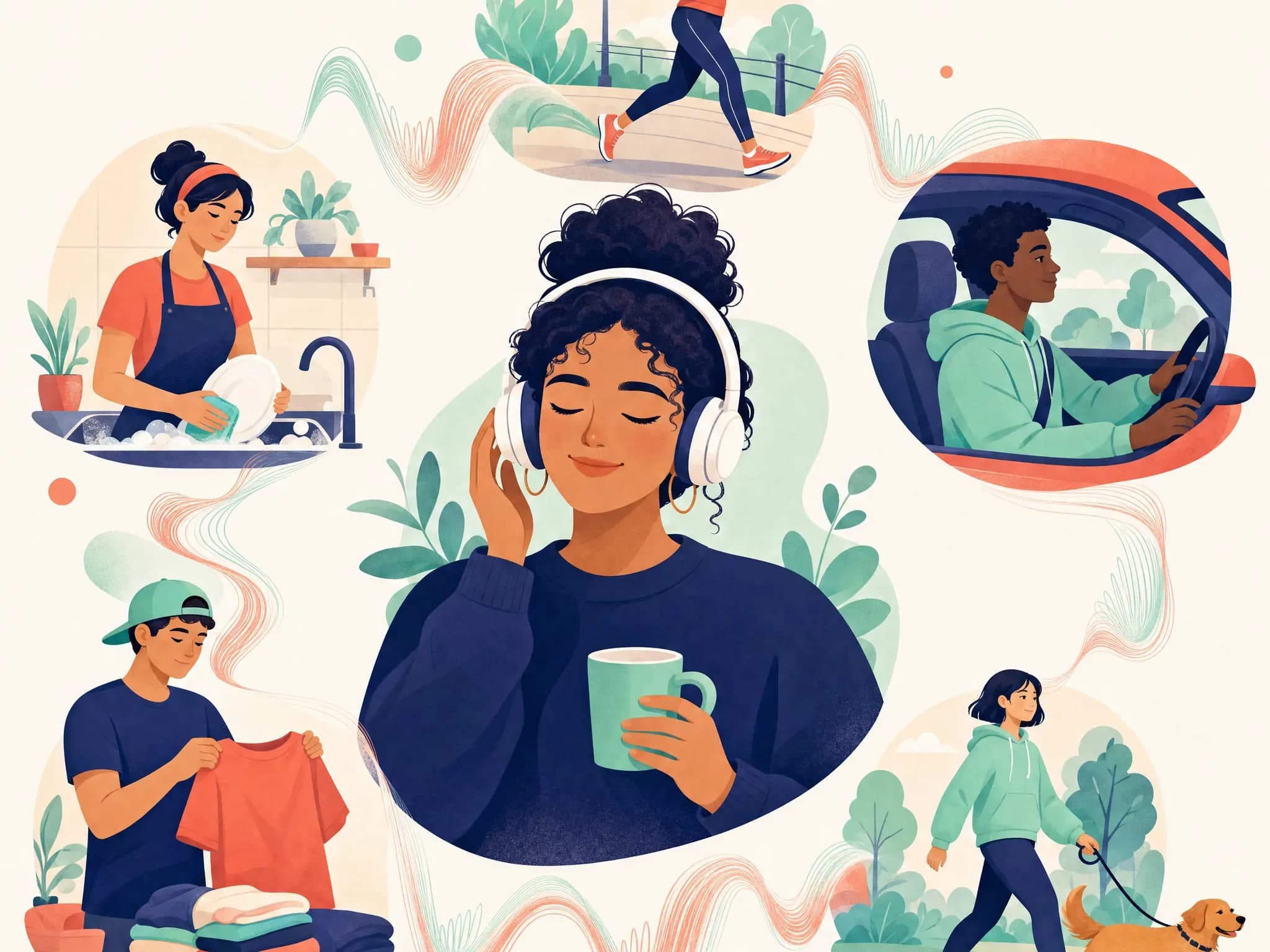 Ilustração de uma ouvinte de fones ao centro, ligada por ondas a cenas de corrida, louça, roupa, carro e passeio com o cachorro